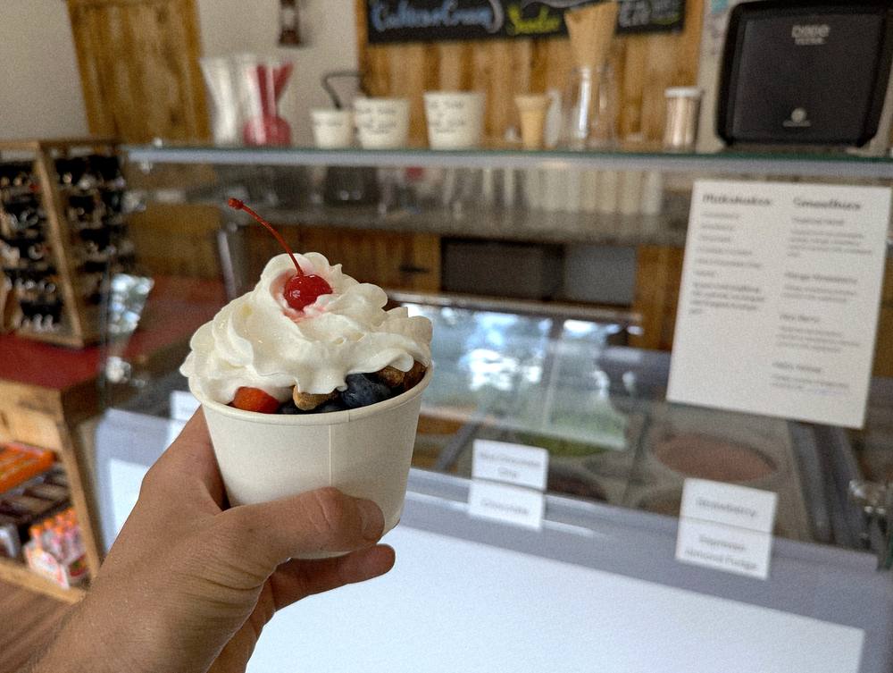 A sundae in a paper cup topped with whipped cream, blueberries and a maraschino cherry, held up in front of the ice cream cabinet.